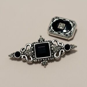 Vintage Style Art Deco Black Glass Rhinestone Bar Brooch Silver Tone Pin Lot